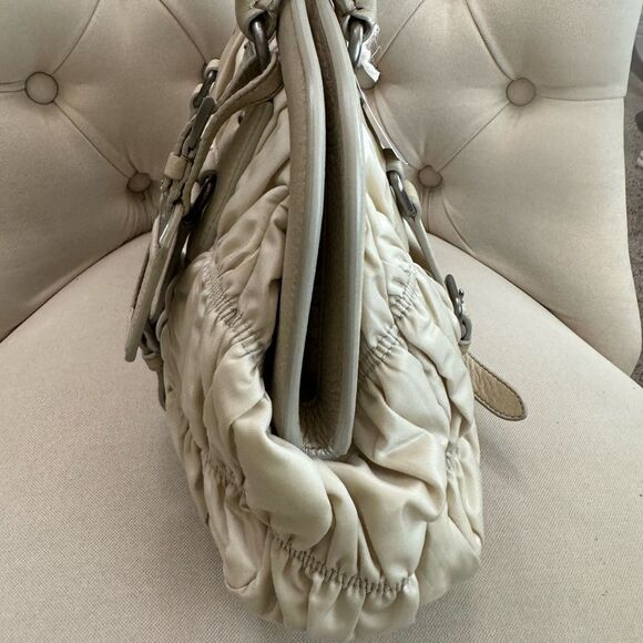 Prada Beige Gaufre Tessuto Nylon Handbag Braided Leather Handles - Picture 4 of 11